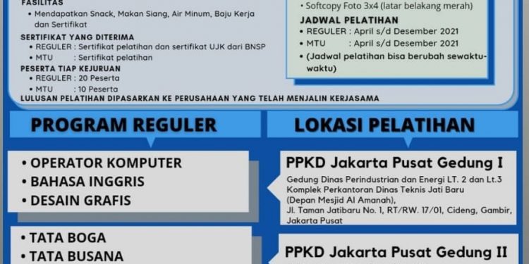 Pelatihan Kerja Gratis dari PPKD Jakarta Pusat Telah Dibuka, Ini Persyaratannya