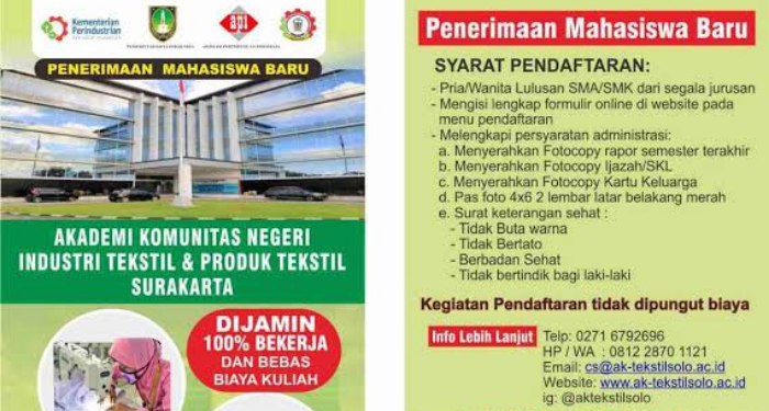Beasiswa AK-Tekstil Solo, Kuliah Gratis dan Dijamin Mendapatkan Kerja