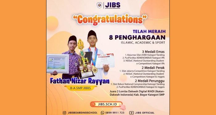 Siswa SMP JIBBS, Fathan Nizar Rayyan Raih 8 Penghargaan dalam berbagai Bidang
